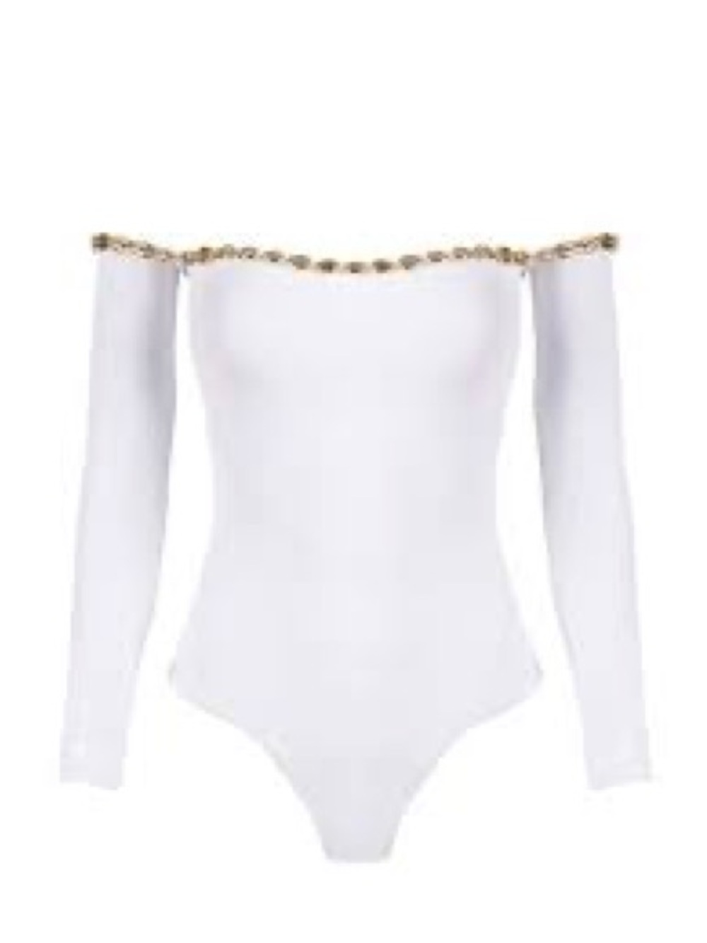 White Off-Shoulder Long Sleeve Bodysuit with Gold Trim
